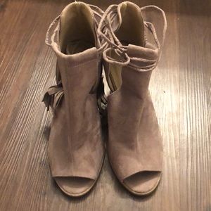 taupe open toe booties